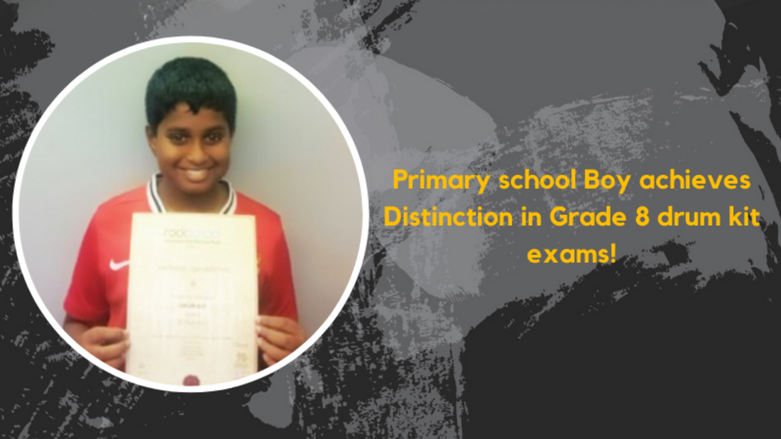 Primary School Boy Achieves Distinction in Grade 8 Drum Kit Exams at Age 11